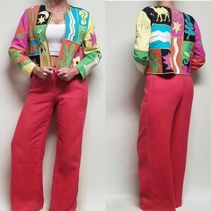 Vintage 90s Max Studio Coral Linen Knit High Rise Wide Leg Palazzo Pants 4